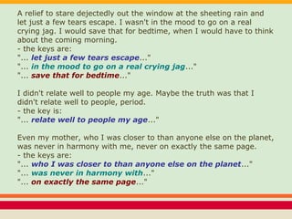 A relief to stare dejectedly out the window at the sheeting rain and
let just a few tears escape. I wasn't in the mood to go on a real
crying jag. I would save that for bedtime, when I would have to think
about the coming morning.
- the keys are:
"... let just a few tears escape..."
"... in the mood to go on a real crying jag..."
"... save that for bedtime..."
I didn't relate well to people my age. Maybe the truth was that I
didn't relate well to people, period.
- the key is:
"... relate well to people my age..."
Even my mother, who I was closer to than anyone else on the planet,
was never in harmony with me, never on exactly the same page.
- the keys are:
"... who I was closer to than anyone else on the planet..."
"... was never in harmony with..."
"... on exactly the same page..."
 