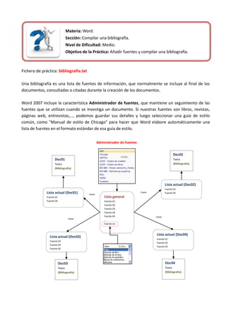 Materia: Word.
                                Sección: Compilar una bibliografía.
                                Nivel de Dificultad: Medio.
                                Objetivo de la Práctica: Añadir fuentes y compilar una bibliografía.



Fichero de práctica: bibliografia.txt

Una bibliografía es una lista de fuentes de información, que normalmente se incluye al final de los
documentos, consultadas o citadas durante la creación de los documentos.

Word 2007 incluye la característica Administrador de fuentes, que mantiene un seguimiento de las
fuentes que se utilizan cuando se investiga un documento. Si nuestras fuentes son libros, revistas,
páginas web, entrevistas,…, podemos guardar sus detalles y luego seleccionar una guía de estilo
común, como "Manual de estilo de Chicago" para hacer que Word elabore automáticamente una
lista de fuentes en el formato estándar de esa guía de estilo.


                                                      Administrador de fuentes


                                                                                                         Doc02
                                                                        Estilo
                    Doc01                                                                                Texto
                    Texto                                                                                (Bibliografía)
                    (Bibliografía)




                                                                                                   Lista actual (Doc02)
                                                                                                   Fuente 01
              Lista actual (Doc01)           Copiar
                                                                                 Copiar            Fuente 05
              Fuente 01                                   Lista general
              Fuente 04                                   Fuente 01
                                                          Fuente 02
                                                          Fuente 03
                                                          Fuente 04
                                                          Fuente 05                       Copiar
                                  Copiar
                                                          …
                                                          Fuente nn



                                                                                           Lista actual (Doc04)
                Lista actual (Doc03)
                                                                                           Fuente 01
                Fuente 03
                                                                                           Fuente 02
                Fuente 04
                                                                      Estilo               Fuente 03
                Fuente 05




                          Doc03                                                                    Doc04
                          Texto                                                                    Texto
                          (Bibliografía)                                                           (Bibliografía)
 