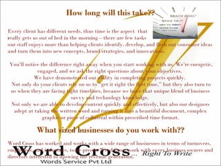 How long will this take??
Every client has different needs, thus time is the aspect that
really gets us out of bed in the morning – there are few tasks
our staff enjoys more than helping clients identify, develop, and flesh out consumer ideas
and turn them into new concepts, brand strategies, and innovations. 
You’ll notice the difference right away when you start working with us. We’re energetic,
engaged, and we ask the right questions about your objectives.
We have demonstrated our ability in completing projects quickly.
 Not only do your clients rely on us to “get it right the first time,” but they also turn to
us when they are facing tight timelines, because we have that unique blend of business
savvy and technology knowledge.
Not only we are able to develop content quickly and effectively, but also our designers
adept at taking the written word and turning it into a beautiful document, complex
graphic or piece of collateral within prescribed time format.
What sized businesses do you work with??
Word Cross has worked and works with a wide range of businesses in terms of turnovers,
employees, and industries, to be precise Word Cross work with every business owners and
directors interested to upswing the revenue generation.
 