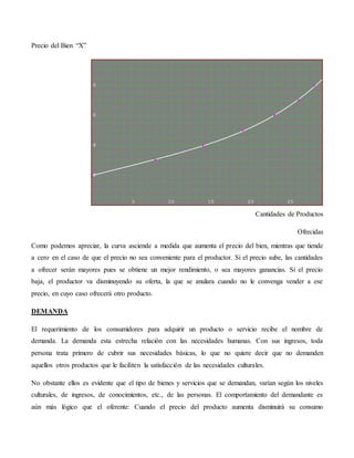 Precio del Bien “X”
Cantidades de Productos
Ofrecidas
Como podemos apreciar, la curva asciende a medida que aumenta el precio del bien, mientras que tiende
a cero en el caso de que el precio no sea conveniente para el productor. Si el precio sube, las cantidades
a ofrecer serán mayores pues se obtiene un mejor rendimiento, o sea mayores ganancias. Si el precio
baja, el productor va disminuyendo su oferta, la que se anulara cuando no le convenga vender a ese
precio, en cuyo caso ofrecerá otro producto.
DEMANDA
El requerimiento de los consumidores para adquirir un producto o servicio recibe el nombre de
demanda. La demanda esta estrecha relación con las necesidades humanas. Con sus ingresos, toda
persona trata primero de cubrir sus necesidades básicas, lo que no quiere decir que no demanden
aquellos otros productos que le faciliten la satisfacción de las necesidades culturales.
No obstante ellos es evidente que el tipo de bienes y servicios que se demandan, varían según los niveles
culturales, de ingresos, de conocimientos, etc., de las personas. El comportamiento del demandante es
aún más lógico que el oferente: Cuando el precio del producto aumenta disminuirá su consumo
 