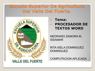 Escuela Superior De Agricultura
Del Valle Del Fuerte.
 Tema:
 PROCESADOR DE
TEXTOS WORD
MEDRANO ZAMORA M.
ISSAMAR
RITA ISELA DOMINGUEZ
DOMINGUEZ
COMPUTACION APLICADA
 