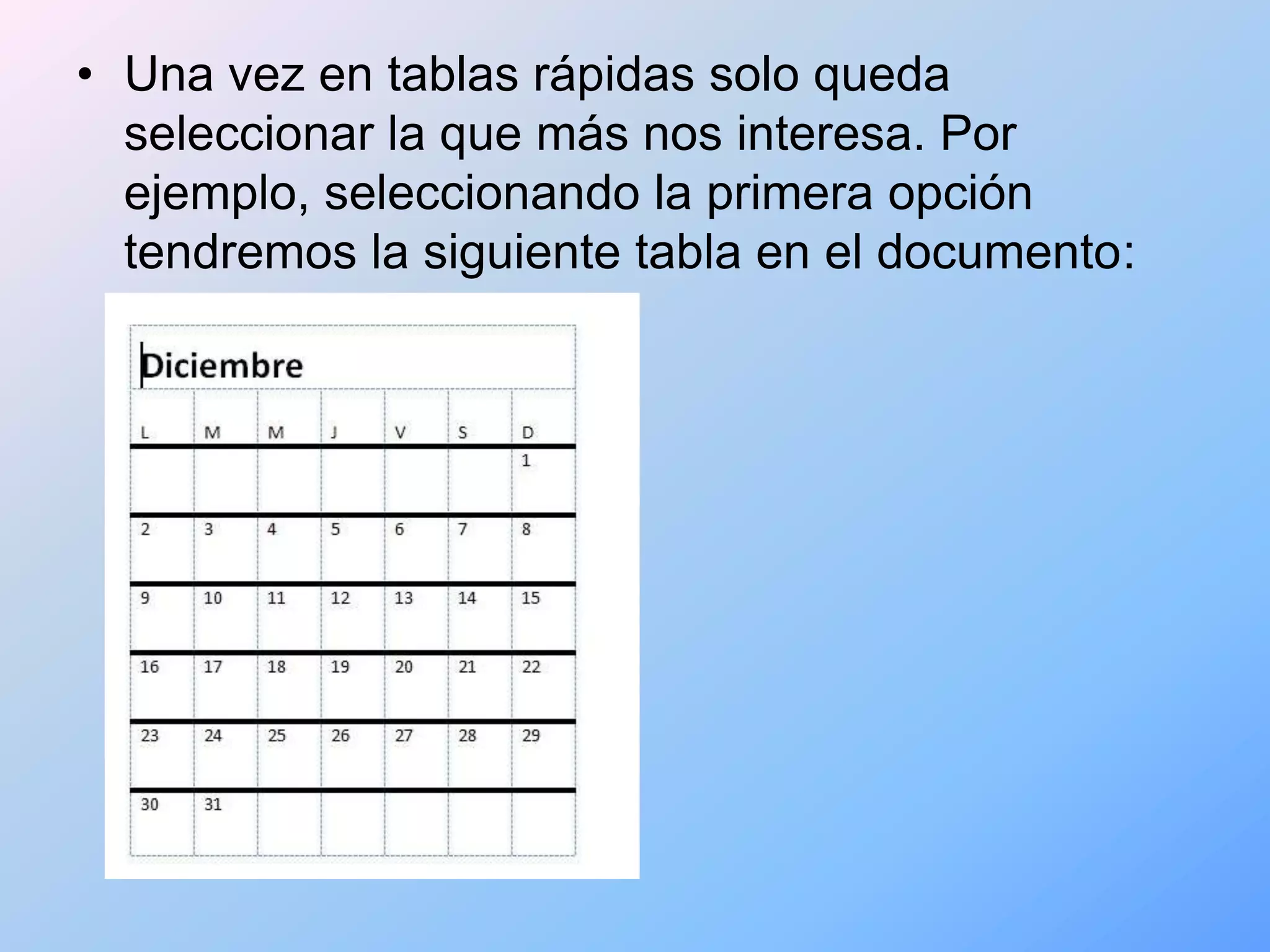 • Una vez en tablas rápidas solo queda
  seleccionar la que más nos interesa. Por
  ejemplo, seleccionando la primera opción
  tendremos la siguiente tabla en el documento:
 