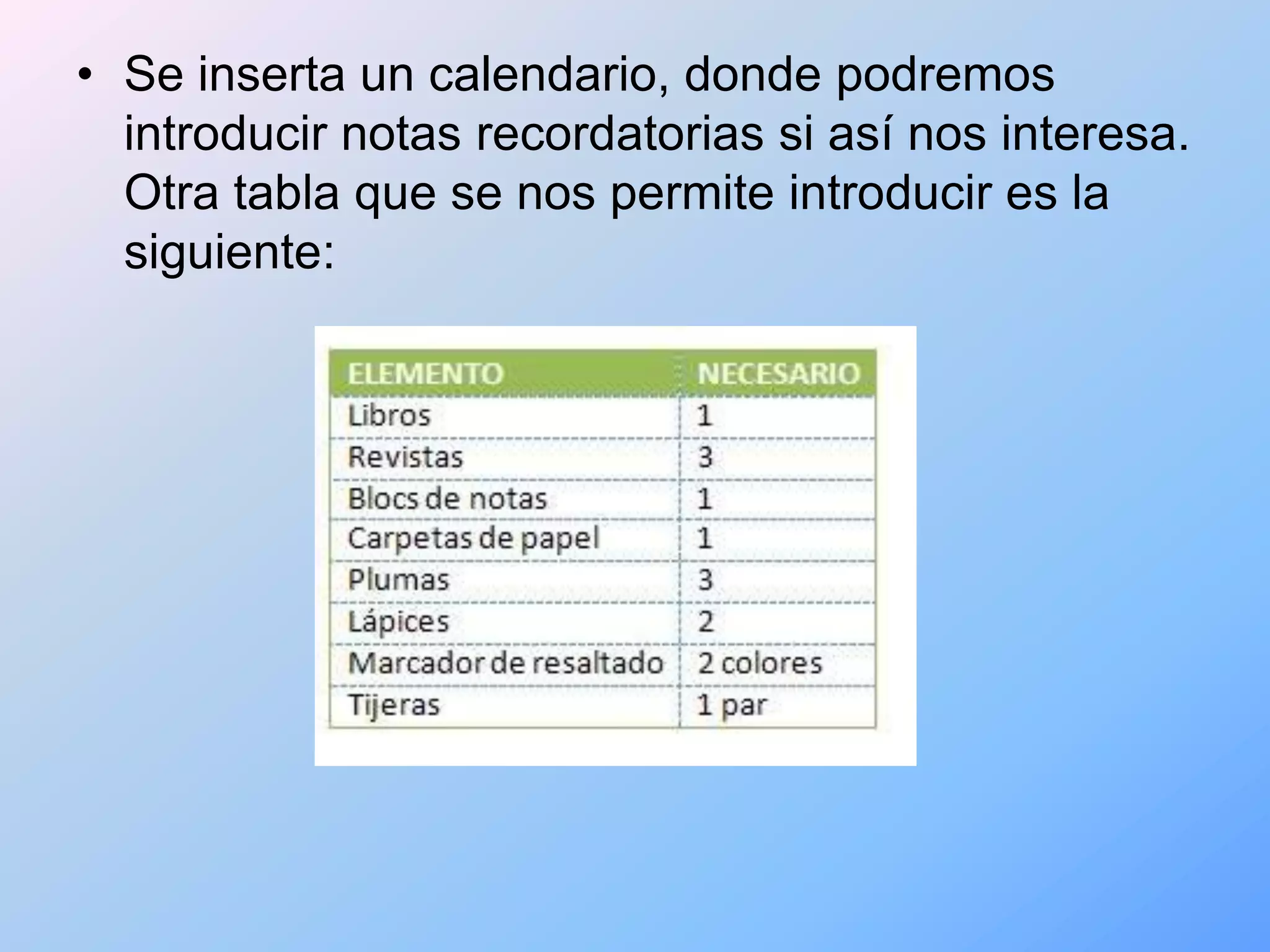 • Se inserta un calendario, donde podremos
  introducir notas recordatorias si así nos interesa.
  Otra tabla que se nos permite introducir es la
  siguiente:
 