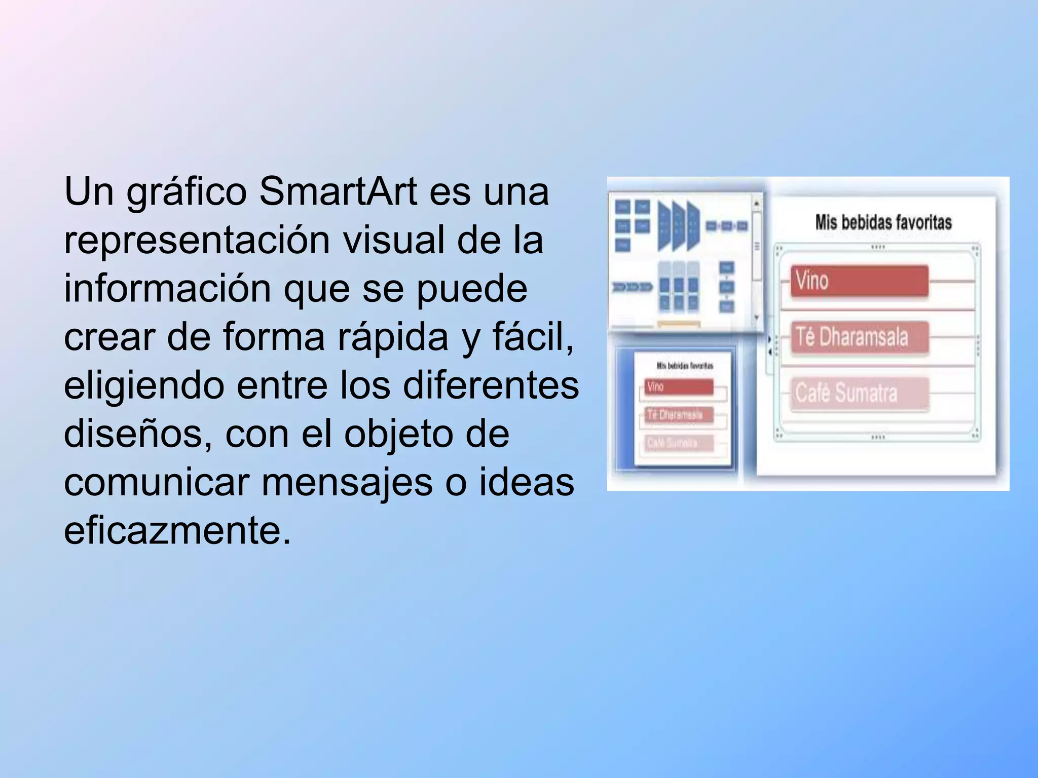 Un gráfico SmartArt es una
representación visual de la
información que se puede
crear de forma rápida y fácil,
eligiendo entre los diferentes
diseños, con el objeto de
comunicar mensajes o ideas
eficazmente.
 