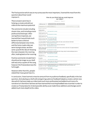 The final questionwhichwasonmysurveywasthe most important,Ilearnedthe mostfromthis
questionabouthowIcould
improve it.
These answerswere keyin
helpinguscreate andeditour
videotothe maximumpotential
The commentsinclude including
clearerclips,andincludingamore
professionalshottype.After
seeingthese responses,we
learnedthatitwouldlookmuch
betterto have a distinct
difference betweenclearshots,
and the home made videowe
were tryingtoshow,we then
came upwiththe ideaof showing
the maincharacter the morning
after,lookingbackonher evening.
Positive commentsinclude thatit
shouldjustbe longerasour draft
editwasonlya quatre of the song,
howeverthe final productwasthe
full length.
Howeverotherthanthis,people
statedthat itwas great howitis.
In conclusion,Ihave learned amassive amountfrommyaudience feedback,specificallyinthe last
question,distrubutingourdrafteditandgainingaudience feedbackhelpeduscreate a whole new
ideawhichI believe made ourvideolookmuchmore professional andaddedmuchmore of a
narrative toit therefore Ibelieve we have learnedthatreceivingfeedbackwasessential inorderto
create our final productto itsbestpossible abilityaswe made these additionsandchangesandit
addedmuchmore depthtothe video.
 