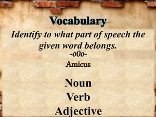 -o0o-
Identify to what part of speech the
given word belongs.
Amicus
Noun
Verb
Adjective
 