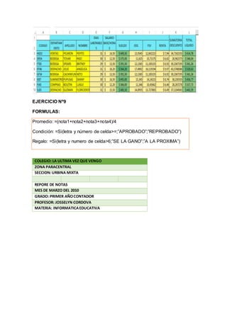 EJERCICIO Nº9
FORMULAS:
Promedio: =(nota1+nota2+nota3+nota4)/4
Condición: =Si(letra y número de celda>=;”APROBADO”;”REPROBADO”)
Regalo: =Si(letra y numero de celda>6;”SE LA GANO”;”A LA PROXIMA”)
COLEGIO: LA ULTIMA VEZ QUE VENGO
ZONA PARACENTRAL
SECCION:URBINA MIXTA
REPORE DE NOTAS
MES DE MARZO DEL 2010
GRADO: PRIMER AÑOCONTADOR
PROFESOR: JOSSELYN CORDOVA
MATERIA: INFORMATICAEDUCATIVA
 