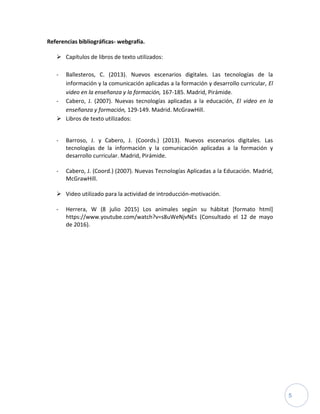 5
Referencias bibliográficas- webgrafía.
 Capítulos de libros de texto utilizados:
- Ballesteros, C. (2013). Nuevos escenarios digitales. Las tecnologías de la
información y la comunicación aplicadas a la formación y desarrollo curricular, El
video en la enseñanza y la formación, 167-185. Madrid, Pirámide.
- Cabero, J. (2007). Nuevas tecnologías aplicadas a la educación, El video en la
enseñanza y formación, 129-149. Madrid. McGrawHill.
 Libros de texto utilizados:
- Barroso, J. y Cabero, J. (Coords.) (2013). Nuevos escenarios digitales. Las
tecnologías de la información y la comunicación aplicadas a la formación y
desarrollo curricular. Madrid, Pirámide.
- Cabero, J. (Coord.) (2007). Nuevas Tecnologías Aplicadas a la Educación. Madrid,
McGrawHill.
 Video utilizado para la actividad de introducción-motivación.
- Herrera, W (8 julio 2015) Los animales según su hábitat [formato html]
https://www.youtube.com/watch?v=s8uWeNjvNEs (Consultado el 12 de mayo
de 2016).
 