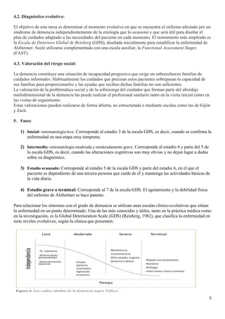4.2. Diagnóstico evolutivo:

El objetivo de esta tarea es determinar el momento evolutivo en que se encuentra el enfermo afectado por un
síndrome de demencia independientemente de la etiología que lo ocasionó y que será útil para diseñar el
plan de cuidados adaptado a las necesidades del paciente en cada momento. El instrumento más empleado es
la Escala de Deterioro Global de Reisberg (GDS), diseñada inicialmente para estadificar la enfermedad de
Alzheimer. Suele utilizarse complementada con una escala auxiliar, la Functional Assessment Stages
(FAST).

4.3. Valoración del riesgo social:

La demencia constituye una situación de incapacidad progresiva que exige un sobreesfuerzo familiar de
cuidados informales. Habitualmente los cuidados que precisan estos pacientes sobrepasan la capacidad de
sus familias para proporcionarlos y las ayudas que reciben dichas familias no son suficientes Diagnóstico y
La valoración de la problemática social y de la sobrecarga del cuidador que forman parte del abordaje
multidimensional de la demencia las puede realizar el profesional sanitario tanto en la visita inicial como en
las visitas de seguimiento.
Estas valoraciones pueden realizarse de forma abierta, no estructurada o mediante escalas como las de Gijón
y Zarit.

5. Fases:

   1) Inicial: sintomatología leve. Corresponde al estadio 3 de la escala GDS, es decir, cuando se confirma la
      enfermedad en una etapa muy temprana.

   2) Intermedio: sintomatología moderada y moderadamente grave. Corresponde al estadio 4 y parte del 5 de
      la escala GDS, es decir, cuando las alteraciones cognitivas son muy obvias y no dejan lugar a dudas
      sobre su diagnóstico.

   3) Estadío avanzado: Corresponde al estadio 5 de la escala GDS y parte del estadio 6, en el que el
      paciente es dependiente de una tercera persona que cuide de él y mantenga las actividades básicas de
      la vida diaria.

   4) Estadio grave o terminal: Corresponde al 7 de la escala GDS. El agotamiento y la debilidad física
      del enfermo de Alzheimer se hace patente.

Para relacionar los síntomas con el grado de demencia se utilizan unas escalas clínico-evolutivas que sitúan
la enfermedad en un punto determinado. Una de las más conocidas y útiles, tanto en la práctica médica como
en la investigación, es la Global Deterioration Scale (GDS) (Reisberg, 1982), que clasifica la enfermedad en
siete niveles evolutivos, según la clínica que presenten.




                                                                                                             5
 