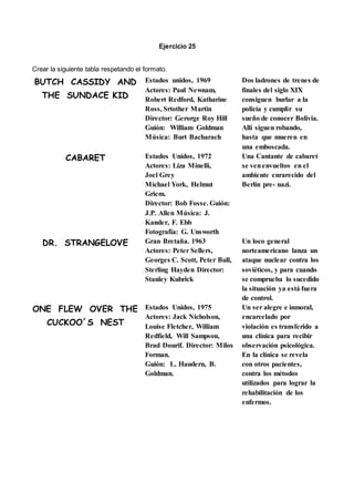 Ejercicio 25
Crear la siguiente tabla respetando el formato.
BUTCH CASSIDY AND
THE SUNDACE KID
Estados unidos, 1969
Actores: Paul Newnam,
Robert Redford, Katharine
Ross, Srtother Martin
Director: Gerorge Roy Hill
Guión: William Goldman
Música: Burt Bacharach
Dos ladrones de trenes de
finales del siglo XIX
consiguen burlar a la
policía y cumplir su
sueño de conocer Bolivia.
Allí siguen robando,
hasta que mueren en
una emboscada.
CABARET Estados Unidos, 1972
Actores: Liza Minelli,
Joel Grey
Michael York, Helmut
Griem.
Director: Bob Fosse. Guión:
J.P. Allen Música: J.
Kander, F. Ebb
Fotografía: G. Unsworth
Una Cantante de cabaret
se venenvueltos en el
ambiente enrarecido del
Berlín pre- nazi.
DR. STRANGELOVE Gran Bretaña. 1963
Actores: Peter Sellers,
Georges C. Scott, Peter Bull,
Sterling Hayden Director:
Stanley Kubrick
Un loco general
norteamericano lanza un
ataque nuclear contra los
soviéticos, y para cuando
se comprueba lo sucedido
la situación ya está fuera
de control.
ONE FLEW OVER THE
CUCKOO´S NEST
Estados Unidos, 1975
Actores: Jack Nicholson,
Louise Fletcher, William
Redfield, Will Sampson,
Brad Dourif. Director: Milos
Forman.
Guión: L. Haudern, B.
Goldman.
Un ser alegre e inmoral,
encarcelado por
violación es transferido a
una clínica para recibir
observación psicológica.
En la clínica se revela
con otros pacientes,
contra los métodos
utilizados para lograr la
rehabilitación de los
enfermos.
 