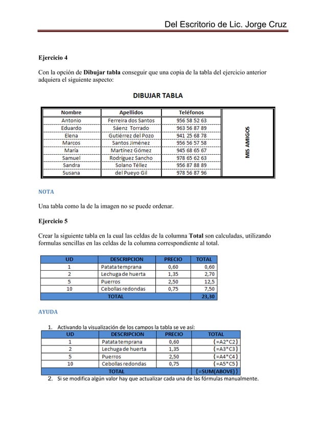 Word ejercicios de tablas No. 1