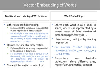 2
Traditional Method - Bag ofWords Model
 Either uses one hot encoding.
 Each word in the vocabulary is represented
by one bit position in a HUGE vector.
 For example, if we have a vocabulary of
10000 words, and “Hello” is the 4th word in
the dictionary, it would be represented by:
0 0 0 1 0 0 . . . . . . . 0 0 0
 Or uses document representation.
 Each word in the vocabulary is represented
by its presence in documents.
 For example, if we have a corpus of 1M
documents, and “Hello” is in 1th, 3th and
5th documents only, it would be
represented by: 1 0 1 0 1 0 . . . . . . . 0 0 0
 Context information is not utilized.
Word Embeddings
 Stores each word in as a point in
space, where it is represented by a
dense vector of fixed number of
dimensions (generally 300) .
 Unsupervised, built just by reading
huge corpus.
 For example, “Hello” might be
represented as : [0.4, -0.11, 0.55, 0.3
. . . 0.1, 0.02].
 Dimensions are basically
projections along different axes,
more of a mathematical concept.
Vector Embedding ofWords
 