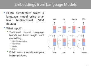 36
Embeddings from Language Models
 ELMo architecture trains a
language model using a 2-
layer bi-directional LSTM
(biLMs)
 What input?
 Traditional Neural Language
Models use fixed -length word
embedding.
 One-hone encoding.
 Word2Vec.
 Glove.
 Etc.…
 ELMo uses a mode complex
representation.
 