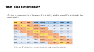 What does context mean?
• Context is co-occurrence of the words. It is a sliding window around the word under the
consideration.
India is now inching towards a self reliant state
India is now inching towards a self reliant state
India is now inching towards a self reliant state
India is now inching towards a self reliant state
India is now inching towards a self reliant state
India is now inching towards a self reliant state
India is now inching towards a self reliant state
India is now inching towards a self reliant state
Window size = 2, Yellow patches are words are in consideration, orange box are the context window
 