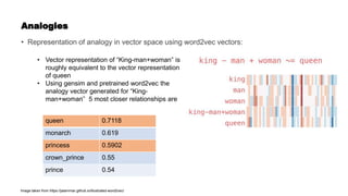 Analogies
• Representation of analogy in vector space using word2vec vectors:
• Vector representation of “King-man+woman” is
roughly equivalent to the vector representation
of queen
• Using gensim and pretrained word2vec the
analogy vector generated for “King-
man+woman” 5 most closer relationships are
queen 0.7118
monarch 0.619
princess 0.5902
crown_prince 0.55
prince 0.54
Image taken from https://jalammar.github.io/illustrated-word2vec/
 
