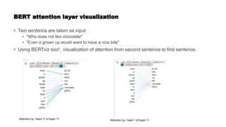 BERT attention layer visualization
• Two sentence are taken as input
• "Who does not like chocolate"
• "Even a grown up would want to have a nice bite"
• Using BERTviz tool1, visualization of attention from second sentence to first sentence.
Attention by head 11 of layer 11 Attention by head 1 of layer 11
 