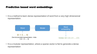 Prediction based word embeddings
• It is a method to learn dense representation of word from a very high dimensional
representation.
• It is a modular representation, where a sparse vector is fed to generate a dense
representation
Word
Word
embedding
Model
One hot encoded representation - India
= [0, 1, 0, .... 0]
[0, 1, 0, .... 0]
V(India) = [0.1, 2.3, -2.1, ...., 0.1]
 