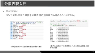 ● Word2Vec
コンテクストの似た単語を分散表現の類似度から求めることができる。
分散表現入門
14
↑Wikipediaのクラシック楽曲情報 3000件から推定 ↑某グルメ系口コミサイトの蒙古タンメン中本の口コミ情報 4000
件から推定
 