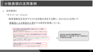 ● 活用事例2
・サイバーエージェント
　・検索連動型広告のテキストを自動生成をする際に、Word2Vecを用いて
　　類義語による単語の入替をする研究を発表している。
分散表現の活用事例
赤枠がGoogle広告の検索連動型広告。
表現次第でクリック率が違ってくるが、文言を考える
のは骨が折れる作業。
19
 