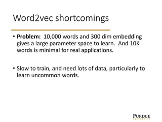 Word2vec shortcomings
• Problem: 10,000 words and 300 dim embedding
gives a large parameter space to learn. And 10K
words is minimal for real applications.
• Slow to train, and need lots of data, particularly to
learn uncommon words.
 