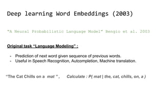 Deep learning Word Embeddings (2003)
“A Neural Probabilistic Language Model” Bengio et al. 2003
Original task “Language Modeling” :
- Prediction of next word given sequence of previous words.
- Useful in Speech Recognition, Autcompletion, Machine translation.
“The Cat Chills on a mat ” , Calculate : P( mat | the, cat, chills, on, a )
 