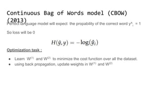 Continuous Bag of Words model (CBOW)(2013)
Perfect language model will expect the propability of the correct word y^i
= 1
So loss will be 0
Optimization task :
● Learn W(1)
and W(2)
to minimize the cost function over all the dataset.
● using back propagation, update weights in W(1)
and W(2)
 