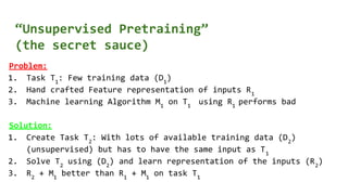 “Unsupervised Pretraining”
(the secret sauce)
Problem:
1. Task T1
: Few training data (D1
)
2. Hand crafted Feature representation of inputs R1
3. Machine learning Algorithm M1
on T1
using R1
performs bad
Solution:
1. Create Task T2
: With lots of available training data (D2
)
(unsupervised) but has to have the same input as T1
2. Solve T2
using (D2
) and learn representation of the inputs (R2
)
3. R2
+ M1
better than R1
+ M1
on task T1
 