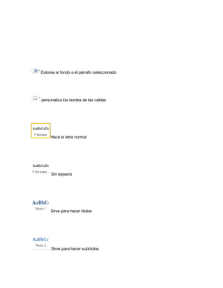 Colorea el fondo o el párrafo seleccionado 
personaliza los bordes de las celdas 
Hace la letra normal 
Sin espacio 
Sirve para hacer títulos 
Sirve para hacer subtítulos 
 