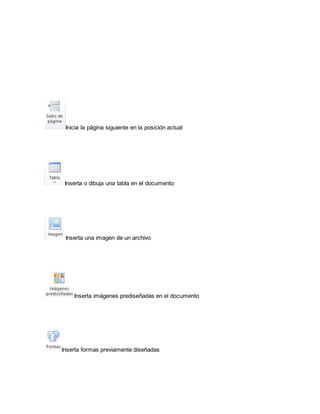 Inicia la página siguiente en la posición actual 
Inserta o dibuja una tabla en el documento 
Inserta una imagen de un archivo 
Inserta imágenes prediseñadas en el documento 
Inserta formas previamente diseñadas 
 
