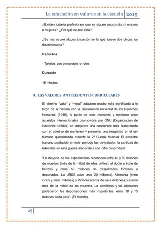 La educaciónen valores en la escuela 2015
15
¿Existen todavía profesiones que se siguen asociando a hombres
o mujeres? ¿Por qué ocurre esto?
¿Se nos ocurre alguna situación en la que fuesen dos chicos los
discriminados?
Recursos
- Tarjetas con personajes y roles
Duración
15 minutos.
9. LOS VALORES:ANTECEDENTES CURRICULARES
El término “valor” y “moral” adquiere mucho más significado a lo
largo de la historia con la Declaración Universal de los Derechos
Humanos (1945). A partir de este momento y mediante unos
acuerdos internacionales promovidos por ONU (Organización de
Naciones Unidas) se adquiere una conciencia más humanizada
con el objetivo de mantener y preservar una integridad en el ser
humano quebrantada durante la 2ª Guerra Mundial. El desastre
humano producido en este periodo fue devastador, la cantidad de
fallecidos en esta guerra asciende a una cifra desorbitada:
“La mayoría de los especialistas reconocen entre 40 y 50 millones
de muertos (más de la mitad de ellos civiles), el doble o triple de
heridos y otros 50 millones de desplazados forzosos o
deportados. La URSS (con unos 20 millones), Alemania (entre
cinco y siete millones) y Polonia (cerca de seis millones) pusieron
más de la mitad de los muertos. La soviéticos y los alemanes
padecieron las deportaciones más importantes: entre 10 y 15
millones cada país”. (El Mundo).
 