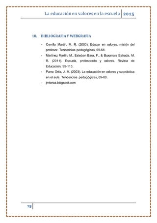 La educaciónen valores en la escuela 2015
19
10. BIBLIOGRAFIAY WEBGRAFIA
- Cerrillo Martín, M. R. (2003). Educar en valores, misión del
profesor. Tendencias pedagógicas, 59-68.
- Martínez Martín, M., Esteban Bara, F., & Buxarrais Estrada, M.
R. (2011). Escuela, profesorado y valores. Revista de
Educación, 95-113.
- Parra Ortiz, J. M. (2003). La educación en valores y su práctica
en el aula. Tendencias pedagógicas, 69-88.
- jmtoroa.blogspot.com
 