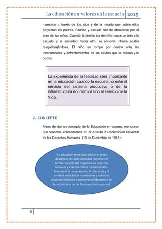 La educaciónen valores en la escuela 2015
6
maestros a través de los ojos y de la mirada que sobre ellos
proyectan los padres. Familia y escuela han de abrazarse por el
bien de los niños. Cuando la familia tira del niño hacia un lado y la
escuela y la sociedad hacia otro, su armonía interna acaba
resquebrajándose. El niño se rompe por dentro ante las
incoherencias y enfrentamientos de los adultos que le rodean y le
cuidan.
2. CONCEPTO
Antes de dar un concepto de la Educación en valores, mencionar
que tenemos antecedentes en el Artículo 2 Declaración Universal
de los Derechos Humanos (10 de Diciembre de 1948):
“La educación tendrá por objeto el pleno
desarrollo de la personalidad humana y el
fortalecimiento del respeto a los derechos
humanos y a las libertades fundamentales,
favorecerá la comprensión, la tolerancia y la
amistad entre todas las naciones y todos los
gruposo religiones y promoverá el desarrollo de
las actividades de las Naciones Unidas para el
mantenimiento de la paz”
La experiencia de la felicidad será importante
en la educación cuando la escuela no esté al
servicio del sistema productivo o de la
infraestructura económicasino al servicio de la
Vida.
 