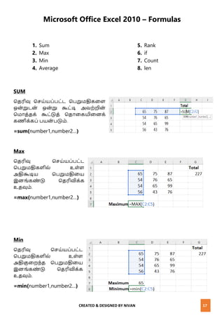 CREATED & DESIGNED BY NIVAN 17
Microsoft Office Excel 2010 – Formulas
1. Sum
2. Max
3. Min
4. Average
5. Rank
6. if
7. Count
8. len
SUM
மதரிவு மெய்யப்பட்ட மபறுமதிகனள
ஒை்றுடை் ஒை்று கூட்டி அேற்றிை்
மமாத்தக் கூட்டுத் மதானகயினைக்
கணிக்கப் பயை் படும்.
=sum(number1,number2…)
Max
மதரிவு மெய்யப்பட்ட
மபறுமதிகளில் உள்ள
அதிகூடிய மபறுமதினய
இைங்கண் டு மதரிவிக்க
உதவும்.
=max(number1,number2…)
Min
மதரிவு மெய்யப்பட்ட
மபறுமதிகளில் உள்ள
அதிகுனற ்த மபறுமதினய
இைங்கண் டு மதரிவிக்க
உதவும்.
=min(number1,number2…)
 