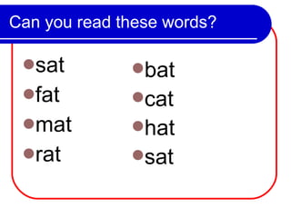 Can you read these words? sat fat mat rat bat cat hat sat 