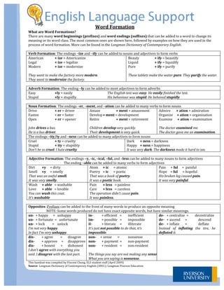  
     
                                                         Word Formation 
        What are Word Formations?  
        There are many word beginnings (prefixes) and word endings (suffixes) that can be added to a word to change its 
        meaning or its word class. The most common ones are shown here, followed by examples on how they are used in the 
        process of word formation. More can be found in the Longman Dictionary of Contemporary English. 
         
        Verb Formation: The endings –ize and –ify can be added to nouns and adjectives to form verbs 
        American              + ize = Americanize                                     Beauty            + ify = beautify 
        Legal                 + ize = legalize                                        Liquid            + ify = liquidify 
        Modern                + ize = modernize                                       Pure              + ify = purify 
                                                                                       
        They want to make the factory more modern.                                    These tablets make the water pure. They purify the water. 
        They want to modernize the factory. 
         
        Adverb Formation: The ending –ly can be added to most adjectives to form adverbs 
        Easy                  +ly = easily                             The English test was easy. He easily finished the test.
        Stupid                +ly = stupidly                           His behaviour was stupid. He behaved stupidly 
         
        Noun Formation: The endings –er, –ment, and –ation can be added to many verbs to form nouns
        Drive                 + er = driver              Amaze               + ment = amazement            Admire       + ation = admiration
        Fasten                + er = faster              Develop + ment = development                      Organize     + ation = organization  
        Open                  + er = opener              Retire              + ment = retirement           Examine      + ation = examination 
                                                                                                            
        John drives a bus.                               Children develop very quickly.                    The doctor examined me. 
        He is a bus driver.                              Their development is very quick.                  The doctor gave me an examination. 
        The endings –ity/ty and –ness can be added to many adjectives to form nouns
        Cruel                 + ty = cruelty                                         Dark      + ness = darkness 
        Stupid                + ity = stupidity                                      Happy  + ness = happiness 
        Don’t be so cruel. I hate cruelty                                            It was very dark. The darkness made it hard to see. 
         
        Adjective Formation: The endings –y, –ic, –ical, –ful, and –less can be added to many nouns to form adjectives
                                         The ending –able can be added to many verbs to form adjectives 
        Dirt      +y     = dirty                         Atom  + ic      = atomic                          Pain      + ful     =  painful
        Smell  +y     = smelly                           Poetry  + ic      = poetic                        Hope    + ful      = hopeful 
        That was an awful smell.                         That was a book of poetry.                        His broken leg caused pain. 
        It was very smelly.                              It was a poetic book.                             It was very painful. 
        Wash    + able   = washable                      Pain    + less   = painless                        
        Love     + able   = lovable                      Care     + less   = careless 
        You can wash this coat.                          The operation didn’t cause pain.  
        It’s washable                                    It was painless. 
         
        Opposites: Prefixes can be added to the front of many words to produce an opposite meaning 
                        NOTE: Some words produced do not have exact opposite words, but have similar meanings. 
        un­  + happy      =   unhappy                  in­        + efficient   =     inefficient          de­   + centralize  =        decentralize
        un­  + fortunate  =   unfortunate              im­        + possible   =  impossible               de­   + ascend      =          descend 
        un­  + lock         =    unlock                il­        + literate     =  illiterate             de­   + inflate       =        deflate    
        I’m not very happy.                            It’s just not possible to do that, it’s             Instead  of  inflating  the  tire,  he 
        In fact I’m very unhappy.                      impossible.                                         deflated it. 
        dis­      + agree         =   disagree         non­     + sense       =       nonsense              
        dis­      + approve     =   disapprove  non­  + payment  =   non‐payment 
        dis­      + honest       =   dishonest  non­  + resident   =  non‐resident 
        I don’t agree with everything you               
        said. I disagree with the last part.           The things you say are not making any sense
                                                       What you are saying is nonsense. 
        This handout was compiled by Vincent Chung, ELS student staff (April 2009) 
        Source: Longman Dictionary of Contemporary English (2003.). Longman Pearson Education 
         
 
 
