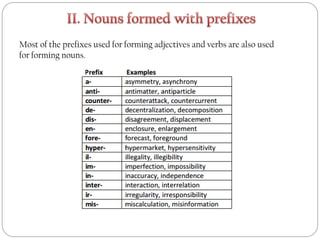 Most of the prefixes used for forming adjectives and verbs are also used
for forming nouns.
 