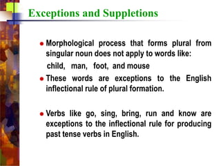 Exceptions and Suppletions
 Morphological process that forms plural from
singular noun does not apply to words like:
child, man, foot, and mouse
 These words are exceptions to the English
inflectional rule of plural formation.
 Verbs like go, sing, bring, run and know are
exceptions to the inflectional rule for producing
past tense verbs in English.
 