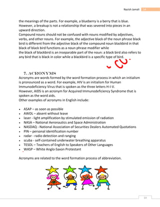 14
14Nazish Jamali
the meanings of the parts. For example, a blueberry is a berry that is blue.
However, a breakup is not a relationship that was severed into pieces in an
upward direction.
Compound nouns should not be confused with nouns modified by adjectives,
verbs, and other nouns. For example, the adjective black of the noun phrase black
bird is different from the adjective black of the compound noun blackbird in that
black of black bird functions as a noun phrase modifier while
the black of blackbird is an inseparable part of the noun: a black bird also refers to
any bird that is black in color while a blackbird is a specific type of bird.
7. Acronyms
Acronyms are words formed by the word formation process in which an initialism
is pronounced as a word. For example, HIV is an initialism for Human
Immunodeficiency Virus that is spoken as the three letters H-I-V.
However, AIDS is an acronym for Acquired Immunodeficiency Syndrome that is
spoken as the word aids.
Other examples of acronyms in English include:
 ASAP – as soon as possible
 AWOL – absent without leave
 laser - light amplification by stimulated emission of radiation
 NASA – National Aeronautics and Space Administration
 NASDAQ - National Association of Securities Dealers Automated Quotations
 PIN – personal identification number
 radar - radio detection and ranging
 scuba - self-contained underwater breathing apparatus
 TESOL – Teachers of English to Speakers of Other Languages
 WASP – White Anglo-Saxon Protestant
Acronyms are related to the word formation process of abbreviation.
 