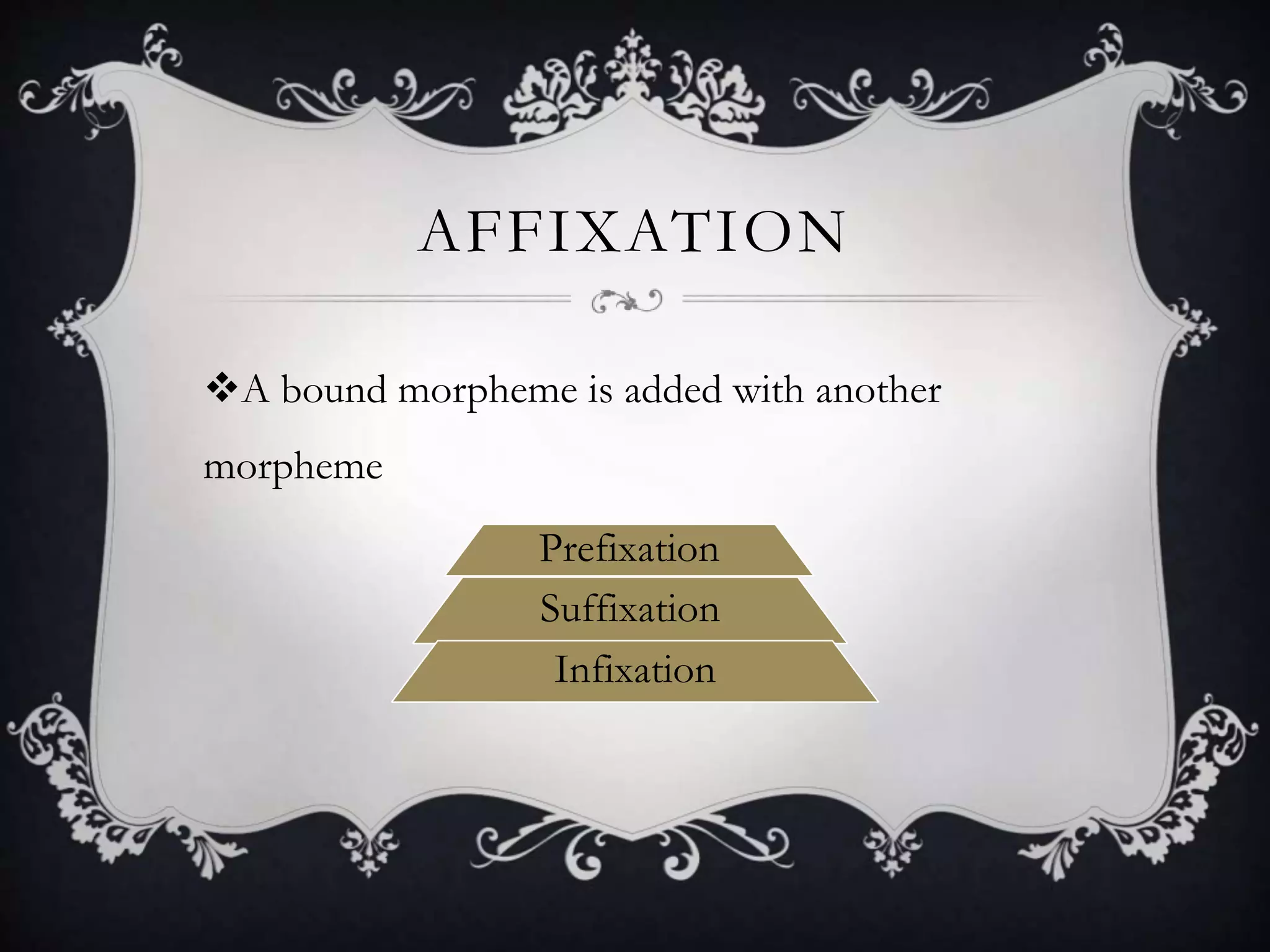 AFFIXATION
A bound morpheme is added with another
morpheme
Prefixation
Suffixation
Infixation
 