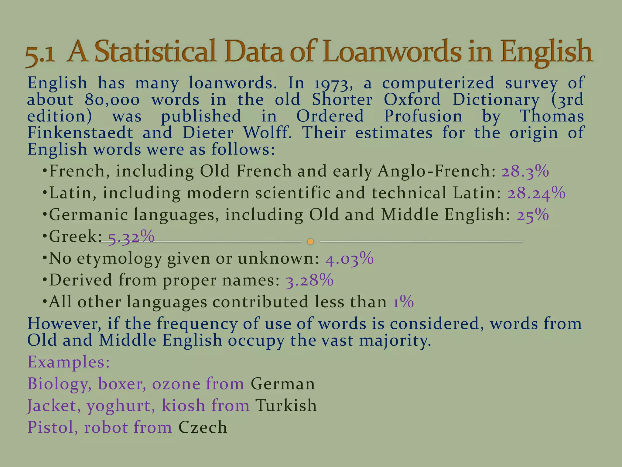 English has many loanwords. In 1973, a computerized survey of
about 80,000 words in the old Shorter Oxford Dictionary (3rd
edition) was published in Ordered Profusion by Thomas
Finkenstaedt and Dieter Wolff. Their estimates for the origin of
English words were as follows:
•French, including Old French and early Anglo-French: 28.3%
•Latin, including modern scientific and technical Latin: 28.24%
•Germanic languages, including Old and Middle English: 25%
•Greek: 5.32%
•No etymology given or unknown: 4.03%
•Derived from proper names: 3.28%
•All other languages contributed less than 1%
However, if the frequency of use of words is considered, words from
Old and Middle English occupy the vast majority.
Examples:
Biology, boxer, ozone from German
Jacket, yoghurt, kiosh from Turkish
Pistol, robot from Czech
 
