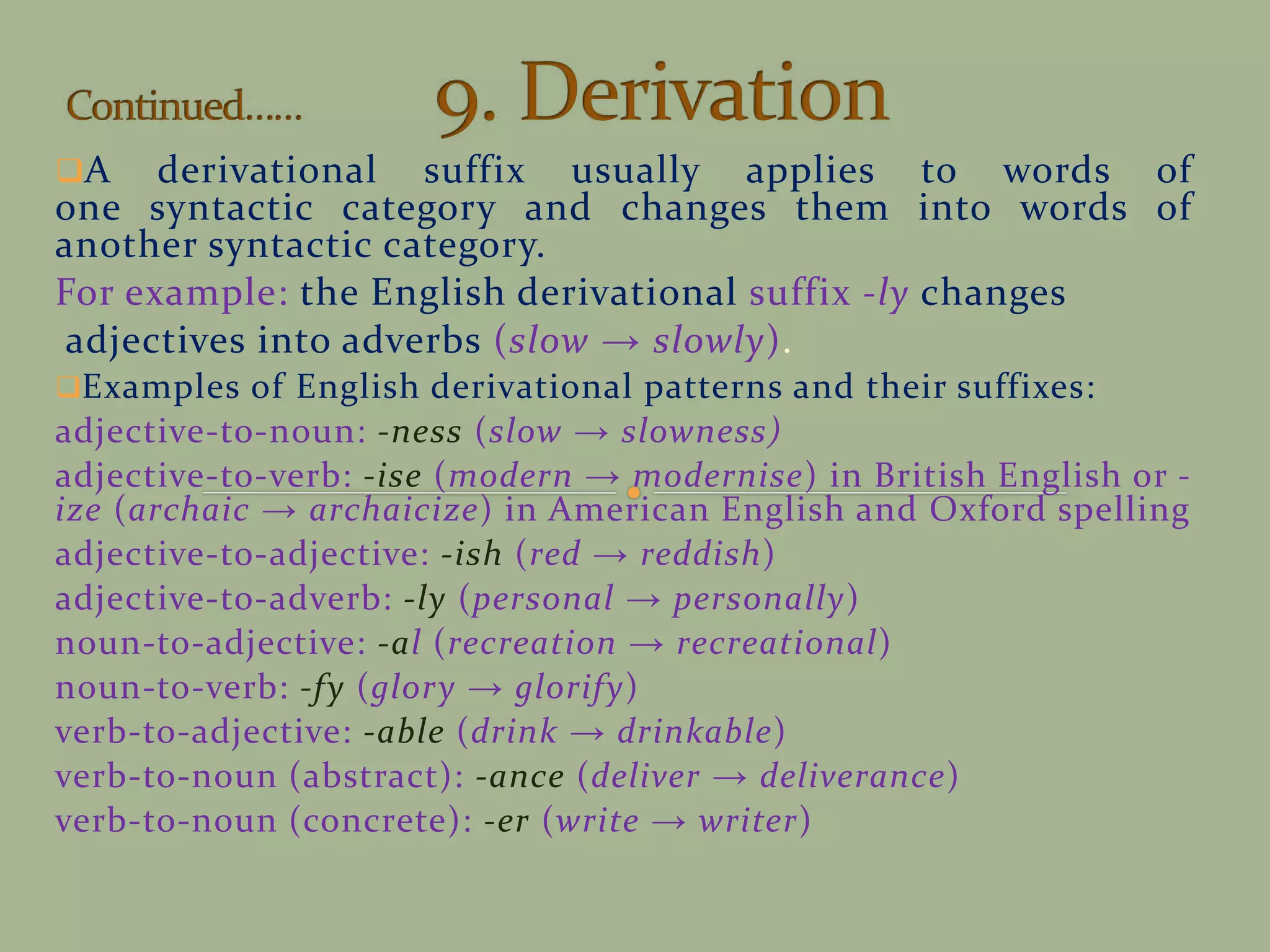 A derivational suffix usually applies to words of
one syntactic category and changes them into words of
another syntactic category.
For example: the English derivational suffix -ly changes
adjectives into adverbs (slow → slowly).
Examples of English derivational patterns and their suffixes:
adjective-to-noun: -ness (slow → slowness)
adjective-to-verb: -ise (modern → modernise) in British English or -
ize (archaic → archaicize) in American English and Oxford spelling
adjective-to-adjective: -ish (red → reddish)
adjective-to-adverb: -ly (personal → personally)
noun-to-adjective: -al (recreation → recreational)
noun-to-verb: -fy (glory → glorify)
verb-to-adjective: -able (drink → drinkable)
verb-to-noun (abstract): -ance (deliver → deliverance)
verb-to-noun (concrete): -er (write → writer)
 