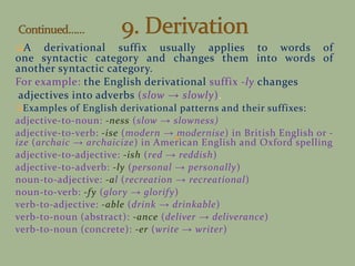 A derivational suffix usually applies to words of
one syntactic category and changes them into words of
another syntactic category.
For example: the English derivational suffix -ly changes
adjectives into adverbs (slow → slowly).
Examples of English derivational patterns and their suffixes:
adjective-to-noun: -ness (slow → slowness)
adjective-to-verb: -ise (modern → modernise) in British English or -
ize (archaic → archaicize) in American English and Oxford spelling
adjective-to-adjective: -ish (red → reddish)
adjective-to-adverb: -ly (personal → personally)
noun-to-adjective: -al (recreation → recreational)
noun-to-verb: -fy (glory → glorify)
verb-to-adjective: -able (drink → drinkable)
verb-to-noun (abstract): -ance (deliver → deliverance)
verb-to-noun (concrete): -er (write → writer)
 