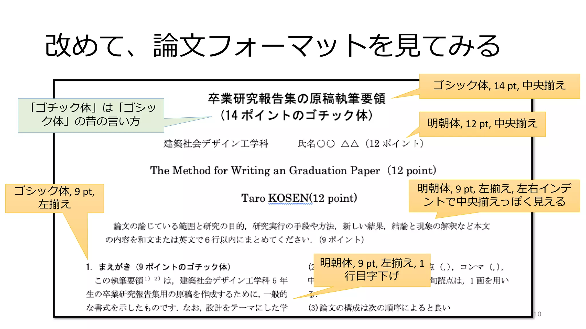 改めて、論文フォーマットを見てみる
ゴシック体, 14 pt, 中央揃え
明朝体, 12 pt, 中央揃え
明朝体, 9 pt, 左揃え, 左右インデ
ントで中央揃えっぽく見える
ゴシック体, 9 pt,
左揃え
明朝体, 9 pt, 左揃え, 1
行目字下げ
「ゴチック体」は「ゴシッ
ク体」の昔の言い方
10
 