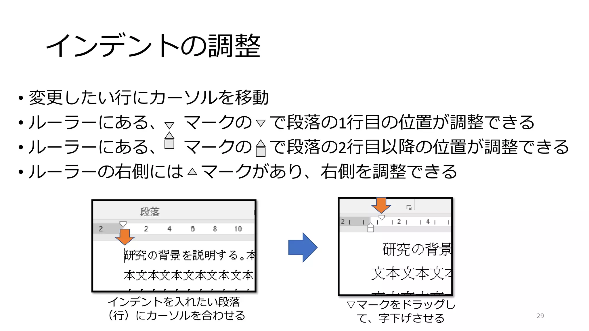 インデントの調整
• 変更したい行にカーソルを移動
• ルーラーにある、 マークの で段落の1行目の位置が調整できる
• ルーラーにある、 マークの で段落の2行目以降の位置が調整できる
• ルーラーの右側には マークがあり、右側を調整できる
29
インデントを入れたい段落
（行）にカーソルを合わせる
▽マークをドラッグし
て、字下げさせる
 