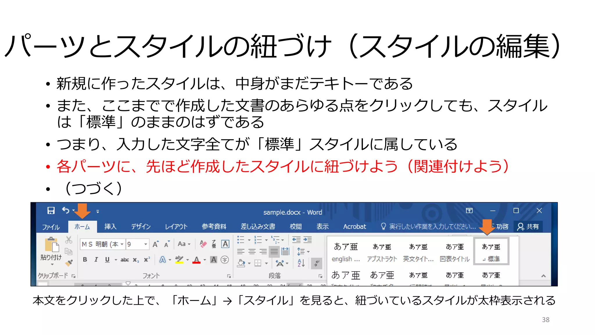 パーツとスタイルの紐づけ（スタイルの編集）
• 新規に作ったスタイルは、中身がまだテキトーである
• また、ここまでで作成した文書のあらゆる点をクリックしても、スタイル
は「標準」のままのはずである
• つまり、入力した文字全てが「標準」スタイルに属している
• 各パーツに、先ほど作成したスタイルに紐づけよう（関連付けよう）
• （つづく）
38
本文をクリックした上で、「ホーム」→「スタイル」を見ると、紐づいているスタイルが太枠表示される
 