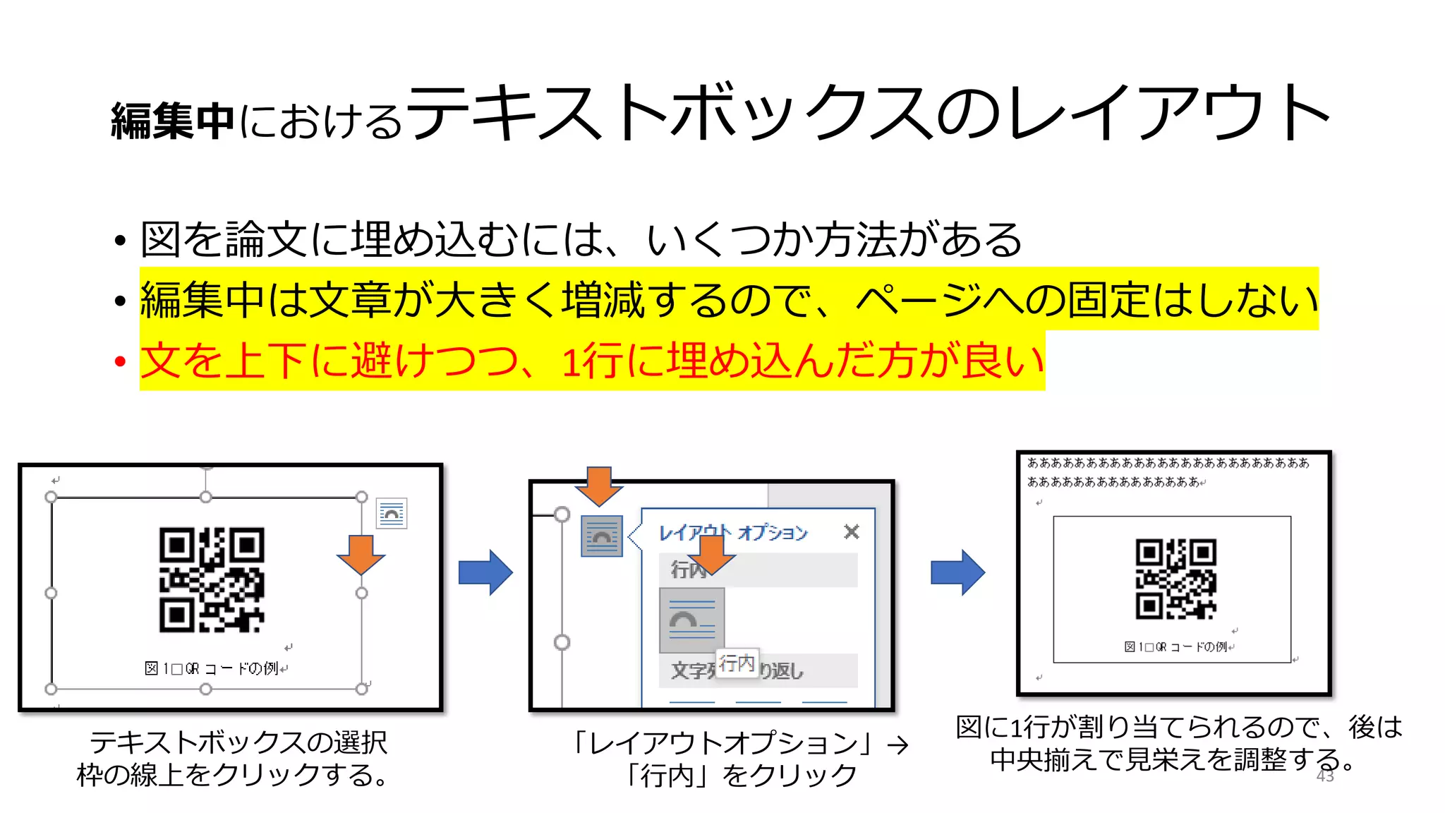 編集中におけるテキストボックスのレイアウト
43
• 図を論文に埋め込むには、いくつか方法がある
• 編集中は文章が大きく増減するので、ページへの固定はしない
• 文を上下に避けつつ、1行に埋め込んだ方が良い
テキストボックスの選択
枠の線上をクリックする。
「レイアウトオプション」→
「行内」をクリック
図に1行が割り当てられるので、後は
中央揃えで見栄えを調整する。
 