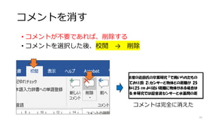コメントを消す
• コメントが不要であれば、削除する
• コメントを選択した後、校閲 → 削除
61
コメントは完全に消えた
 