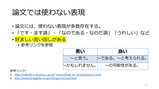 論文では使わない表現
• 論文には、使わない表現が多数存在する。
• 「です・ます調」・「なのである・なのだ調」「うれしい」など
• 好ましい言い回しがある
• 参考リンクを参照
72
参考リンク：
1. http://isabelle.cc.kyushu-u.ac.jp/~amano/how_to_write/japanese.html
2. http://www7a.biglobe.ne.jp/nifongo/ron/rasii.html
悪い 良い
〜と思う。 〜である。〜と考えられる。
〜かもしれません。 〜の可能性がある。
 