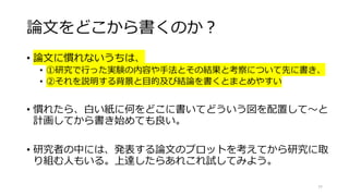 論文をどこから書くのか？
• 論文に慣れないうちは、
• ①研究で行った実験の内容や手法とその結果と考察について先に書き、
• ②それを説明する背景と目的及び結論を書くとまとめやすい
• 慣れたら、白い紙に何をどこに書いてどういう図を配置して〜と
計画してから書き始めても良い。
• 研究者の中には、発表する論文のプロットを考えてから研究に取
り組む人もいる。上達したらあれこれ試してみよう。
77
 