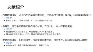 文献紹介
• 白井敏明ほか，よくわかる卒論の書き方，ミネルヴァ書房，第2版，2013年第2版発行．
• リンク
• 非常に丁寧に「卒研と卒論」について説明されている
• 白井宏，理工系の技術文書作成ガイド，コロナ社，2018年初版発行．
• リンク
• 最近書かれただけあって、研究倫理についても記述あり
• 薄いので読みやすい。ただ、要点に絞られすぎている気がする。
• 中島利勝ほか，知的な科学・技術文章の書き方，コロナ社，2016年初版第24刷発行．
• リンク
• やや古いが、例文や図表の例が多く、参考になる
81
 